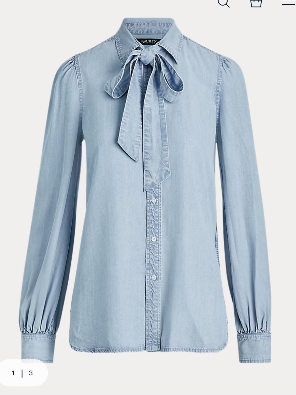 Lauren by Ralph Lauren Light Blue Chambray Tie-Neck Denim Blouse - Picture 2 of 4